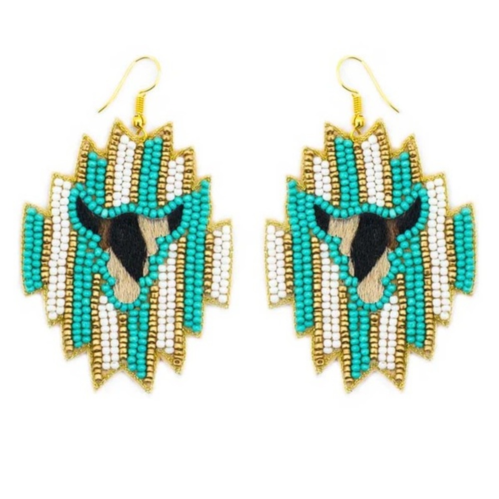 Wild West longhorn turquoise striped seed bead earrings